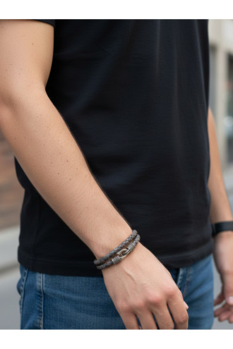 925 Ayar Gümüş, Deri Kordonlu Çift Dolama Gri Erkek Bilekliği