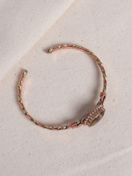 Kaplan Gözü Taşlı Rose&Gold Kollu Bakır Bilezik