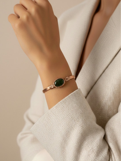 Yeşil Taşlı Düz Bakır Bilezik