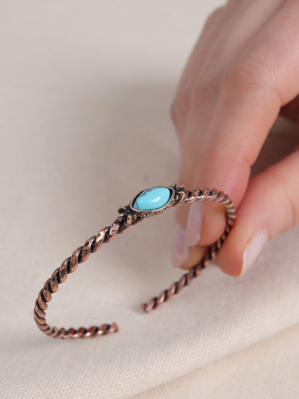 Turkuaz Taşlı Ayarlanabilir Burgulu Bakır Bilezik