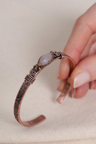 Beyaz Kuvars Taşlı Saf Bakır Otantik İnce Bilezik