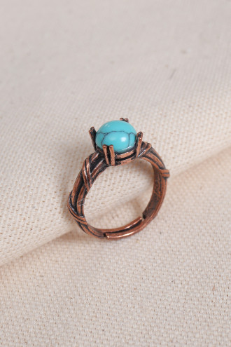Turkuaz Taşlı Tırnaklı Ayarlanabilir Bakır Yüzük