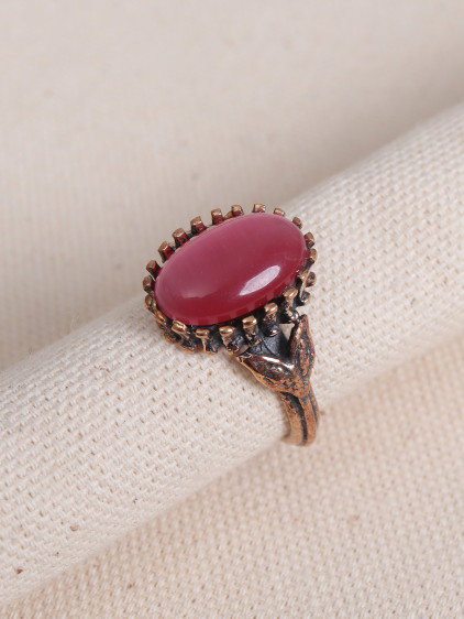 Pembe Kedi Gözü Taşlı Otantik Yüzük