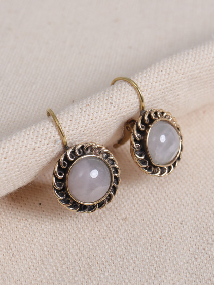 Beyaz Kuvars Taşlı Yuvarlak Otantik Küpe