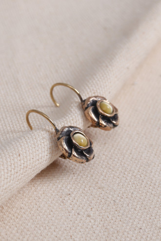 Sarı Kedi Gözü Taşlı Çiçek Figürlü Otantik Küpe