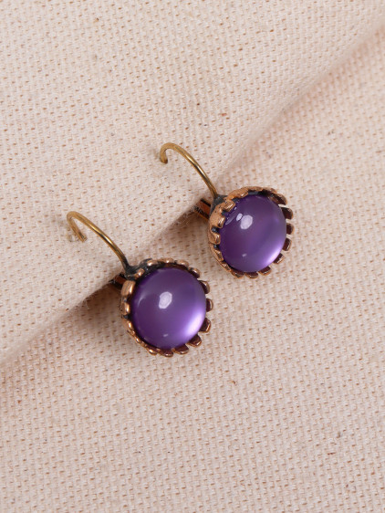 Saydam Mor Yuvarlak Taşlı Otantik Küpe