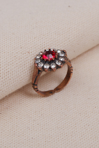 Ortası Kırmızı Taşlı Çiçek Figürlü Otantik Yüzük