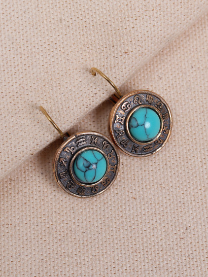 Turkuaz Taşlı Burç Figürlü Otantik Küpe