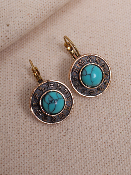 Turkuaz Taşlı Burç Figürlü Otantik Küpe