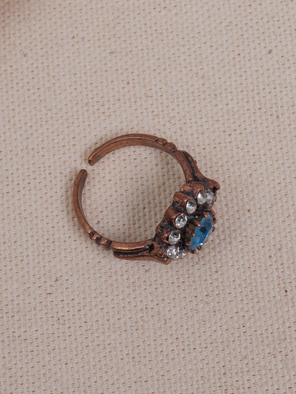 Ortası Mavi Taşlı Çiçek Figürlü Otantik Yüzük
