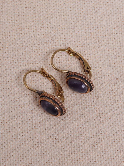 Mini Oval Ametist Taşlı Otantik Küpe