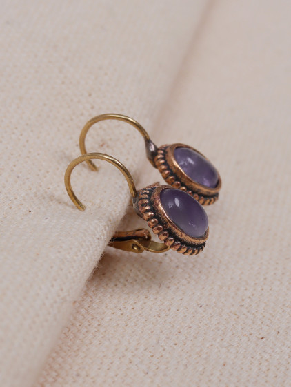 Mini Oval Ametist Taşlı Otantik Küpe