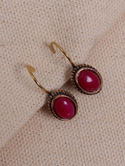 Mini Oval Fuşya Taşlı Otantik Küpe