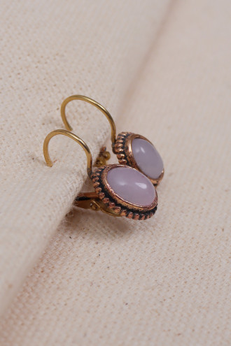 Mini Oval Pembe Kuvars Taşlı Otantik Küpe