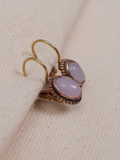 Mini Oval Pembe Kuvars Taşlı Otantik Küpe