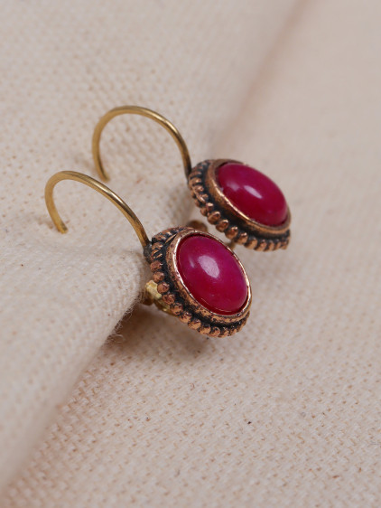 Mini Oval Fuşya Taşlı Otantik Küpe