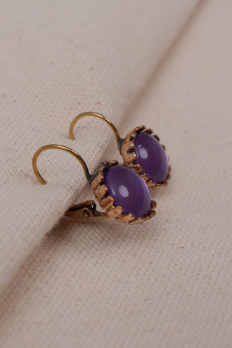 Saydam Mor Yuvarlak Taşlı Otantik Küpe