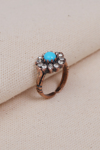 Ortası Firuze Taşlı Çiçek Figürlü Otantik Yüzük