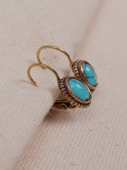 Mini Oval Turkuaz Taşlı Otantik Küpe
