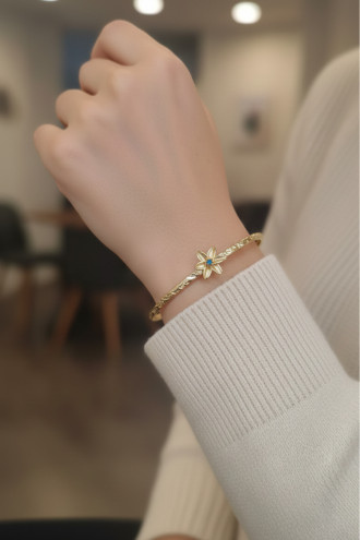 Gold Renk Dövme Kelepçeli Yıldız Çiçeği Figürlü Doğum Ayı Çiçeği Bilezik (Mart)