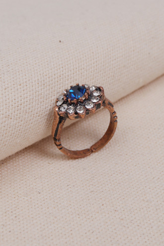 Ortası Lacivert Taşlı Çiçek Figürlü Otantik Yüzük