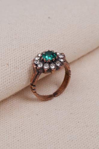 Ortası Yeşil Taşlı Çiçek Figürlü Otantik Yüzük