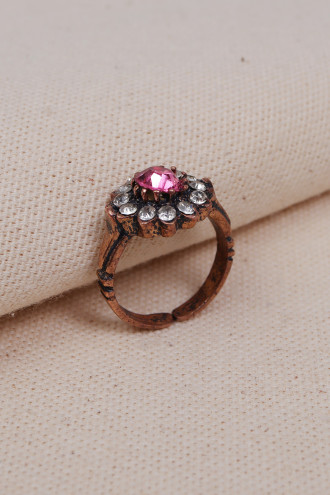 Ortası Pembe Taşlı Çiçek Figürlü Otantik Yüzük