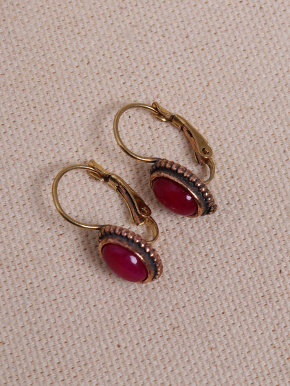 Mini Oval Fuşya Taşlı Otantik Küpe