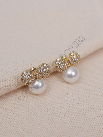 Zirkon Taşlı Fiyonklu Gold İnci Küpe