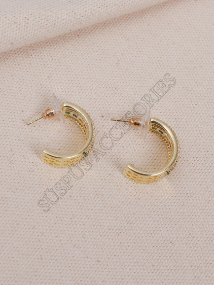 Renkli Zirkon Taşlı Gold Halka Küpe