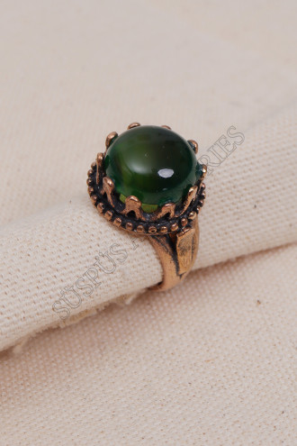 Yeşil Akik Taşlı Büyük Taç Model Yüzük