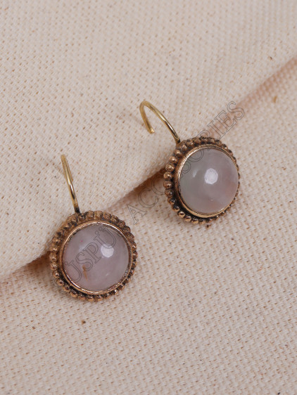 Ortası Pembe Kuvars Taşlı Otantik Küpe