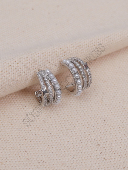 3 Sıralı İncili ve Yıldızlı Silver Mini Halka Küpe