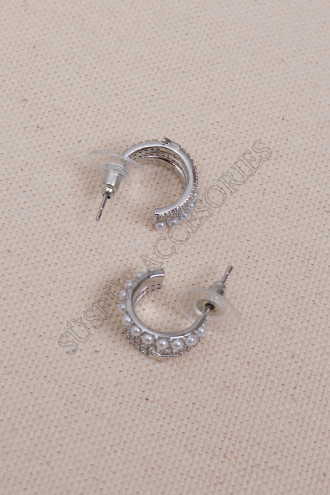 3 Sıralı İncili ve Yıldızlı Silver Mini Halka Küpe