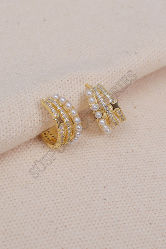 3 Sıralı İncili ve Yıldızlı Gold Mini Halka Küpe 3 Sıralı İncili ve Yıldızlı Gold Mini Halka Küpe