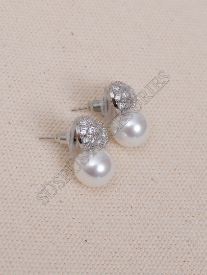 Zirkon Taşlı Fiyonklu Siver İnci Küpe