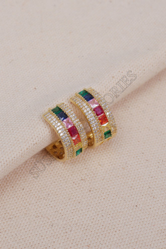 Renkli Zirkon Taşlı Gold Halka Küpe