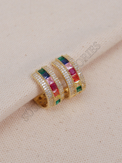 Renkli Zirkon Taşlı Gold Halka Küpe