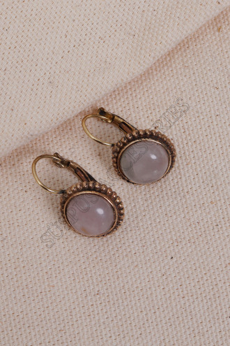 Ortası Pembe Kuvars Taşlı Otantik Küpe