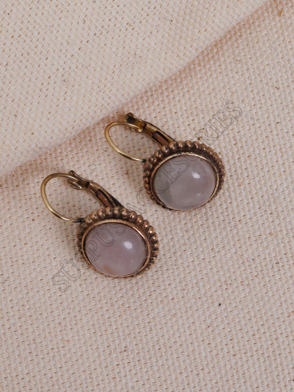 Ortası Pembe Kuvars Taşlı Otantik Küpe