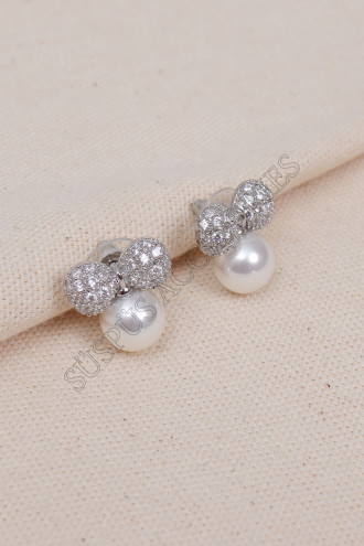 Zirkon Taşlı Fiyonklu Siver İnci Küpe