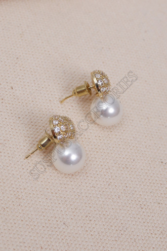 Zirkon Taşlı Fiyonklu Gold İnci Küpe