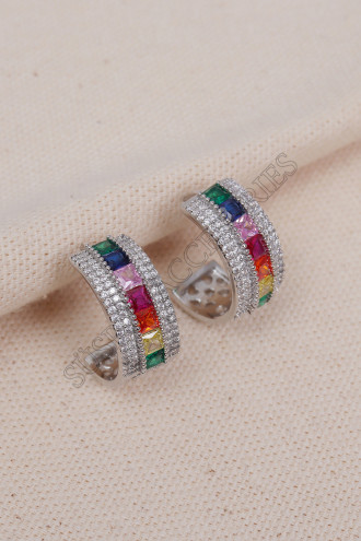 Renkli Zirkon Taşlı Silver Halka Küpe