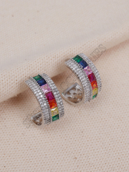 Renkli Zirkon Taşlı Silver Halka Küpe