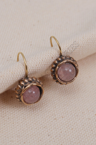 Pembe Kuvars Taşlı Oval Otantik Küpe