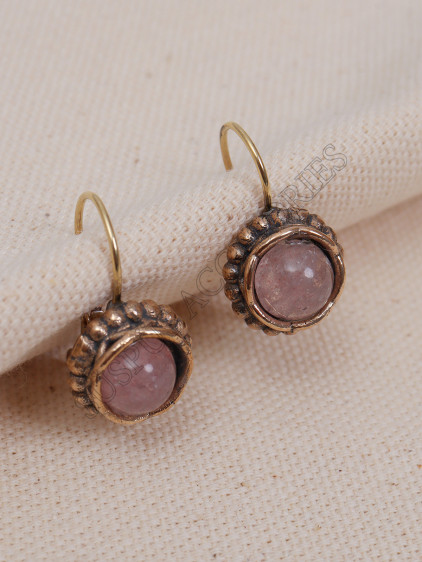 Pembe Kuvars Taşlı Oval Otantik Küpe