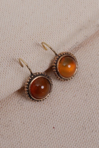 Ortası Bal Akik Taşlı Otantik Küpe