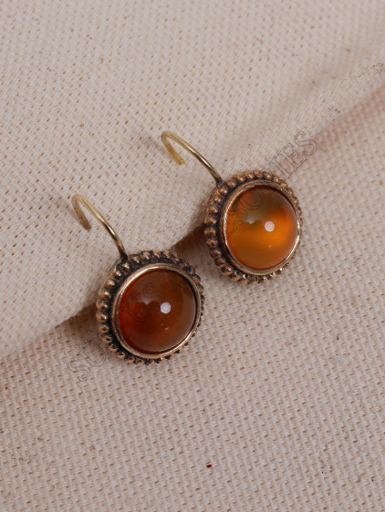 Ortası Bal Akik Taşlı Otantik Küpe