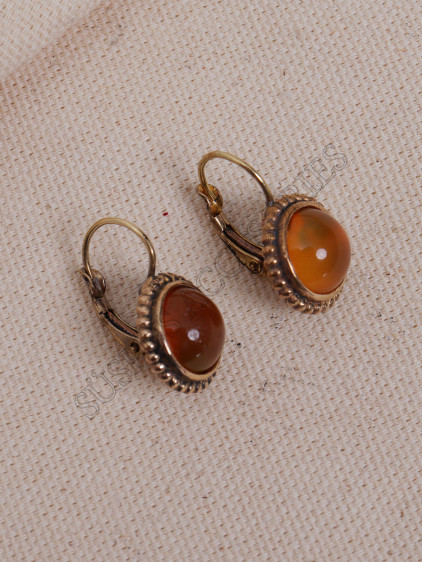 Ortası Bal Akik Taşlı Otantik Küpe