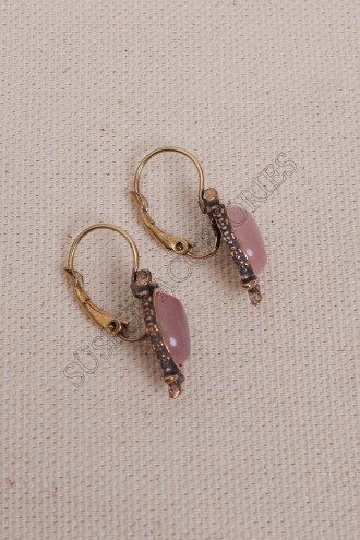 Pembe Kuvars Taşlı Oval Otantik Küpe